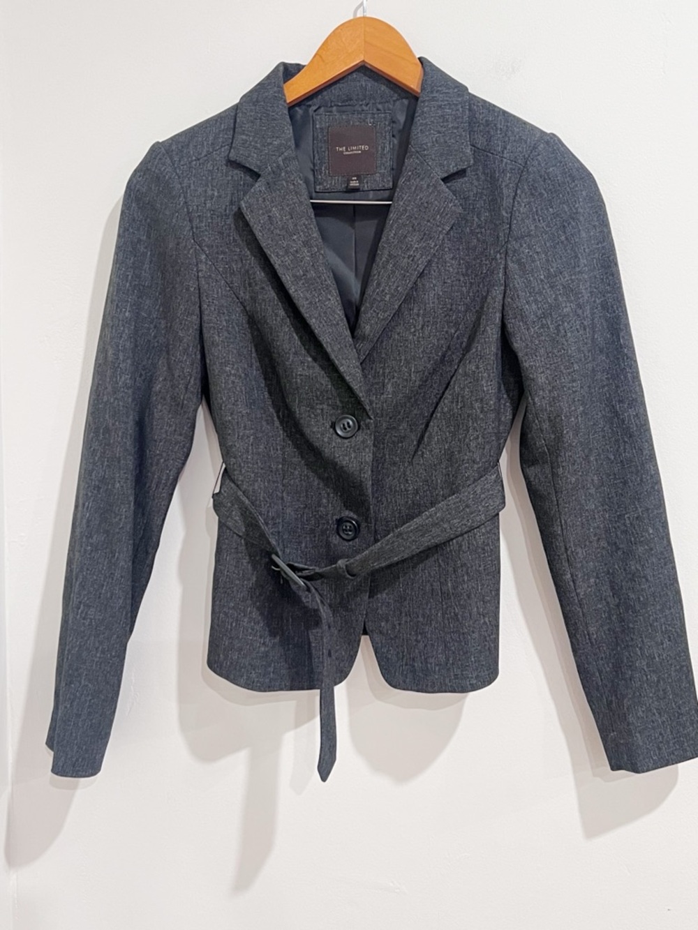 EUC The Limited Dark Gray/Charcoal Double Button Belted Tweed Blazer Jacket
